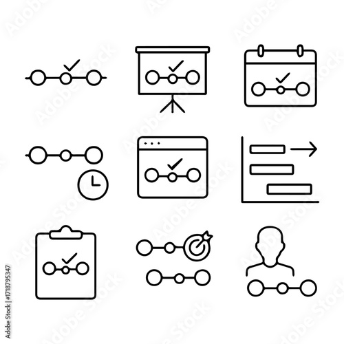 Linear Process Icons Timeline Presentation Calendar Gantt Chart Target and User Flow.