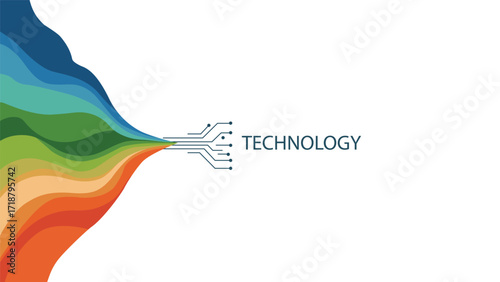 Abstract illustration with colorful flowing wave merging into digital circuit lines and technology text ideal for innovation design background and modern concept