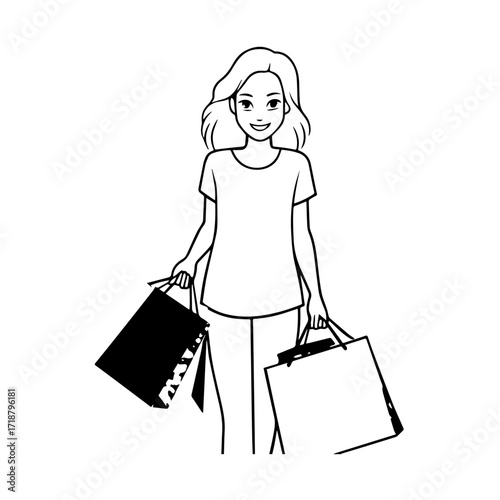 Black and white line art of a beautiful happy woman carrying shopping bags minimalist cheerful illustration