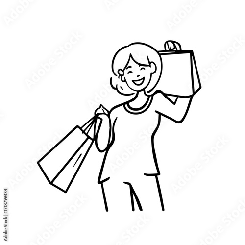 Black and white line art of a beautiful happy woman carrying shopping bags minimalist cheerful illustration