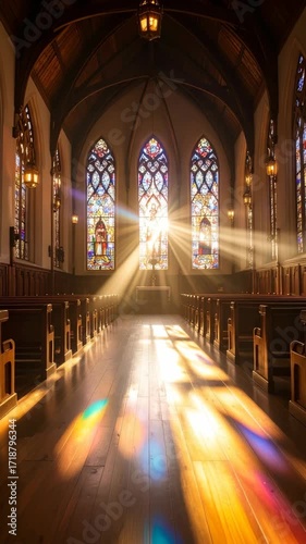 Sunlight streaming through stained glass windows in vintage church interior onto wood floor.