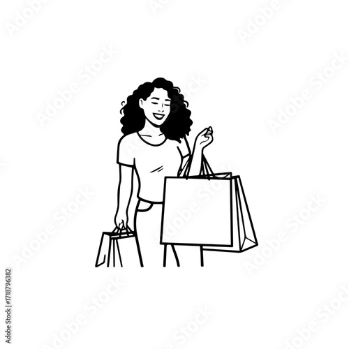 Black and white line art of a beautiful happy woman carrying shopping bags minimalist cheerful illustration