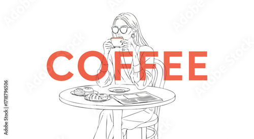 Stylish woman enjoys morning coffee and pastry with newspaper, a minimalist line art design for cafe promotion or lifestyle blog illustration