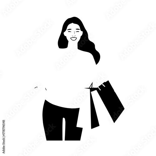 Black and white line art of a beautiful happy woman carrying shopping bags minimalist cheerful illustration