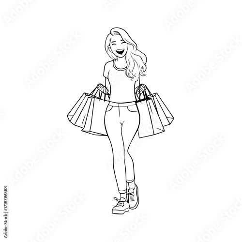 Black and white line art of a beautiful happy woman carrying shopping bags minimalist cheerful illustration