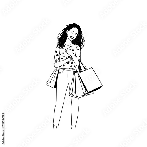 Black and white line art of a beautiful happy woman carrying shopping bags minimalist cheerful illustration