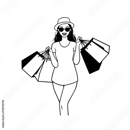 Black and white line art of a beautiful happy woman carrying shopping bags minimalist cheerful illustration