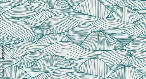 Serene teal line art landscape evokes tranquility and mindful calm, perfect for backgrounds, modern branding, and creative projects