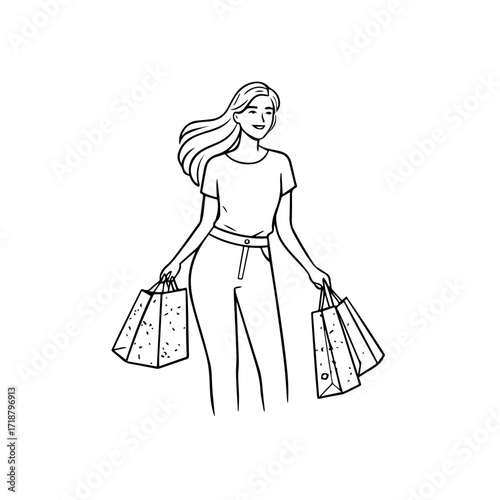 Black and white line art of a beautiful happy woman carrying shopping bags minimalist cheerful illustration
