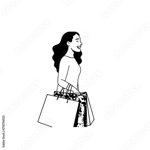 Black and white line art of a beautiful happy woman carrying shopping bags minimalist cheerful illustration