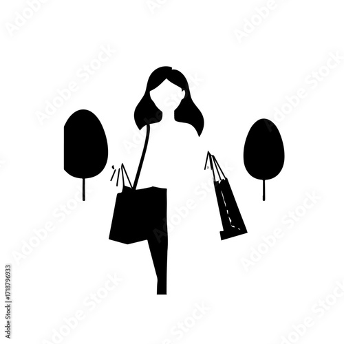 Black and white line art of a beautiful happy woman carrying shopping bags minimalist cheerful illustration