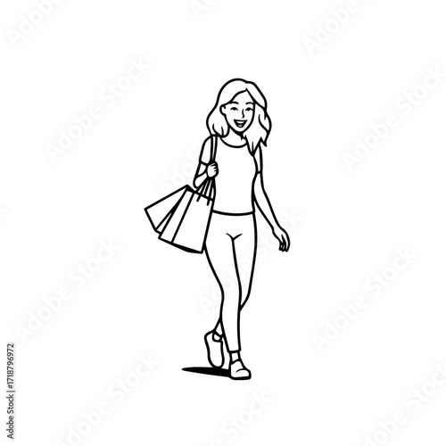 Black and white line art of a beautiful happy woman carrying shopping bags minimalist cheerful illustration