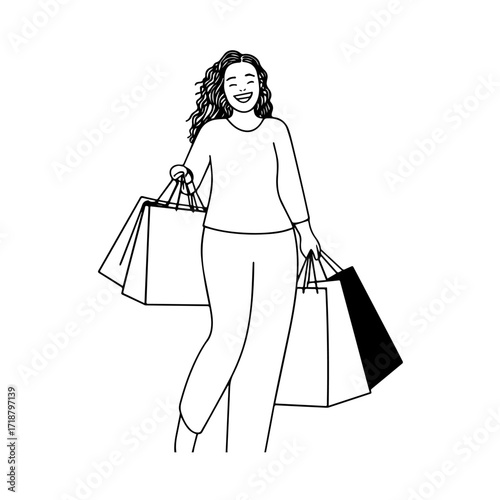 Black and white line art of a beautiful happy woman carrying shopping bags minimalist cheerful illustration