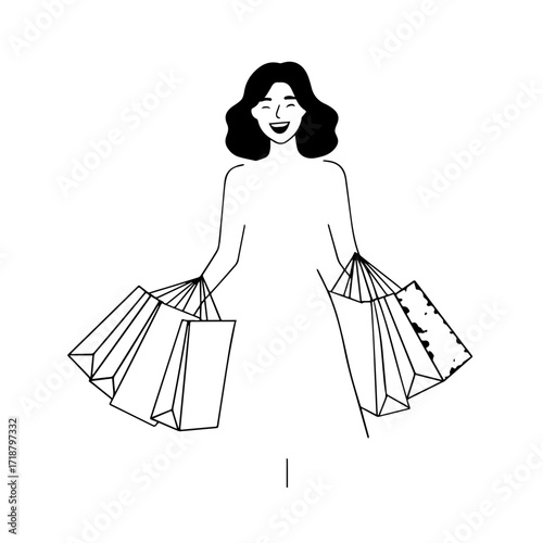 Black and white line art of a beautiful happy woman carrying shopping bags minimalist cheerful illustration