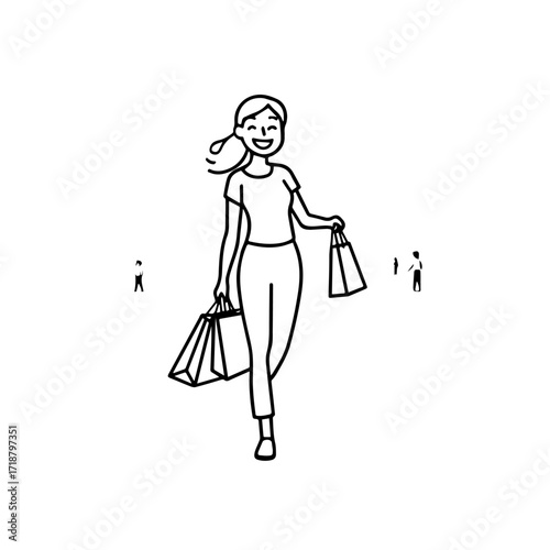 Black and white line art of a beautiful happy woman carrying shopping bags minimalist cheerful illustration
