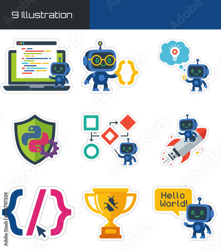 Collection of cartoon robot illustrations representing various aspects of programming and technology.