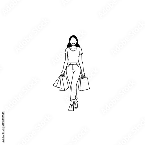 Black and white line art of a beautiful happy woman carrying shopping bags minimalist cheerful illustration