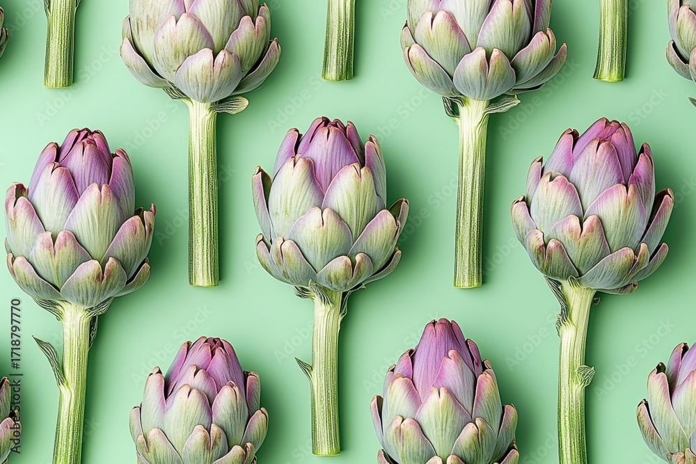 Fototapeta premium Artichoke vegetables from a top view on soft green background of pastel