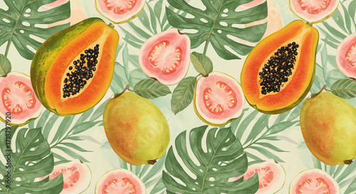 Tropical fruit papaya and guava seamless pattern