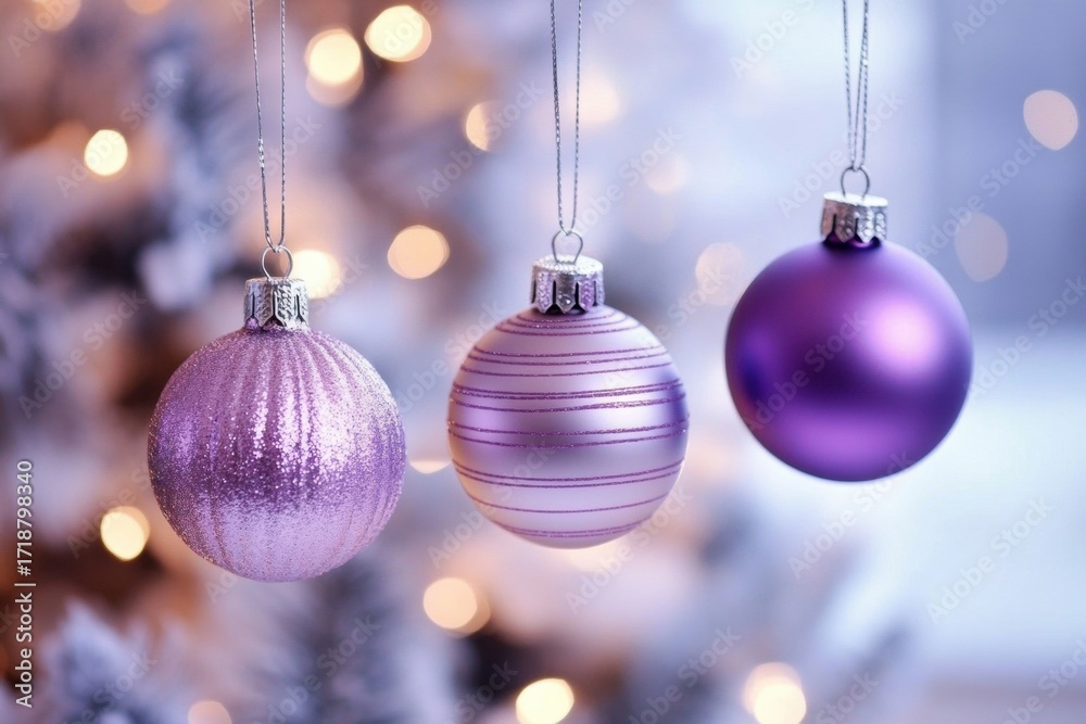 Fototapeta premium Beautiful violet baubles hanging on a Christmas tree in an elegant display. from tree
