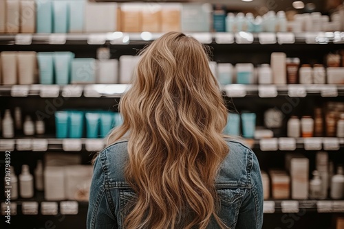 Beauty products aisle: Young woman browsing shelves in cosmetic store. standing front of