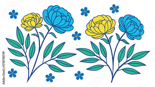 Two stylized flower bunches bloom, showcasing yellow and blue blossoms with leaves and tiny petals, transparent background