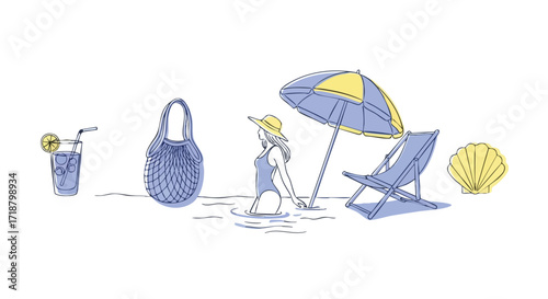 Relaxing summer beach scene with a woman in the water, beach chair, umbrella, drink, bag, and seashell, evoking vacation bliss and coastal enjoyment.