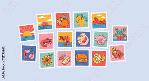 Vibrant retro stamp collection showcasing summer delights like sunsets, seafood, fruits, and beach treasures for joyful designs