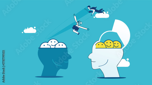 Businesswoman change their attitude from negative to positive. business concept

