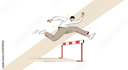 Businessman athletically leaping over hurdle showing determination and success, highlighting career growth and overcoming challenges in achieving goals, minimalist style