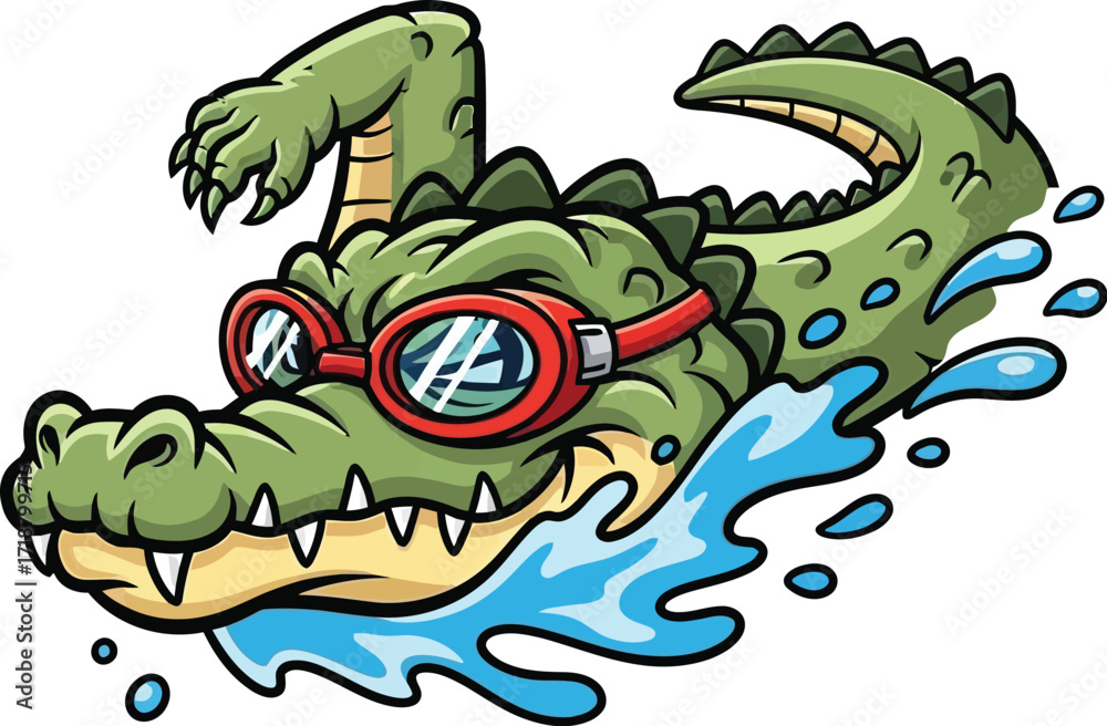 Obraz premium Cool Crocodile Mascot Swimming with Goggles Vector Cartoon Illustration