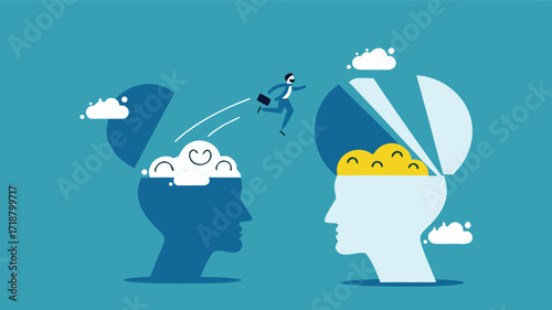 Businesswoman change their attitude from negative to positive. business concept

