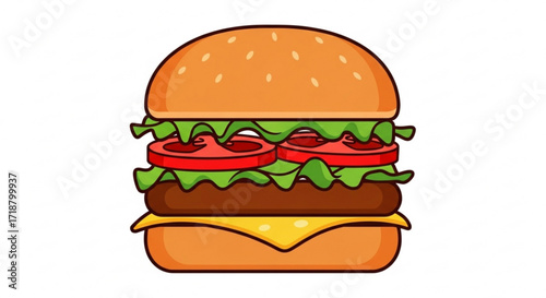 Delicious cartoon burger with fresh ingredients vector illustration for fast food restaurant menu and design 100