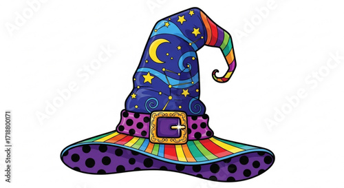 Halloween witch hat costume accessory with moon stars and rainbow colors for spooky season celebration
