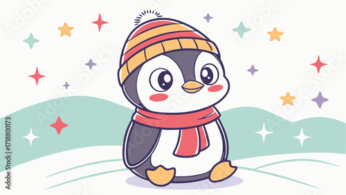 Cartoon penguin wearing striped beanie and scarf sits amidst colorful stars with a playful vibe