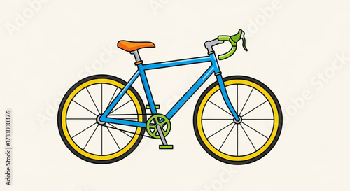 Illustration of a blue road bicycle with yellow wheels and orange seat for cycling enthusiasts and racers