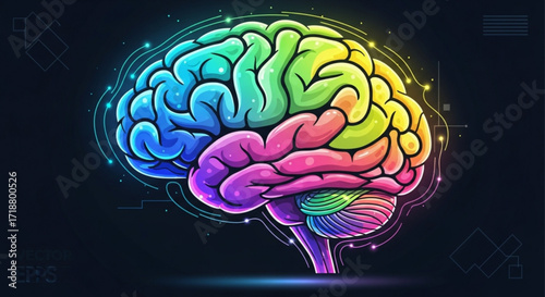 Colorful human brain illustration for neuroscience and mental health awareness and cognitive function study
