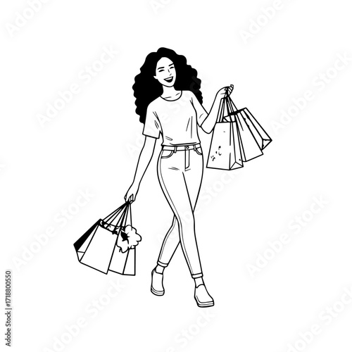 Black and white line art of a beautiful happy woman carrying shopping bags minimalist cheerful illustration