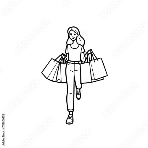 Black and white line art of a beautiful happy woman carrying shopping bags minimalist cheerful illustration