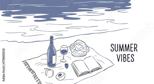Dreamy summer beach picnic with wine, book, and fruits for relaxed vacation vibes, perfect for lifestyle blogs or travel promotions