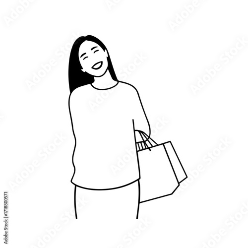 Black and white line art of a beautiful happy woman carrying shopping bags minimalist cheerful illustration