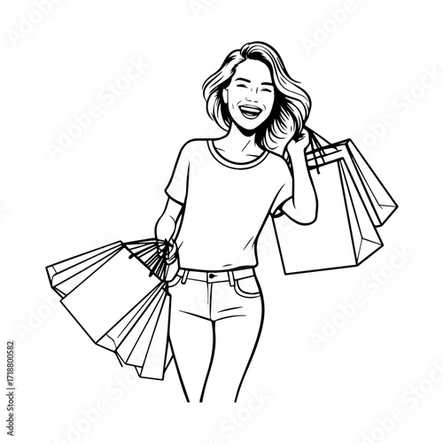 Black and white line art of a beautiful happy woman carrying shopping bags minimalist cheerful illustration