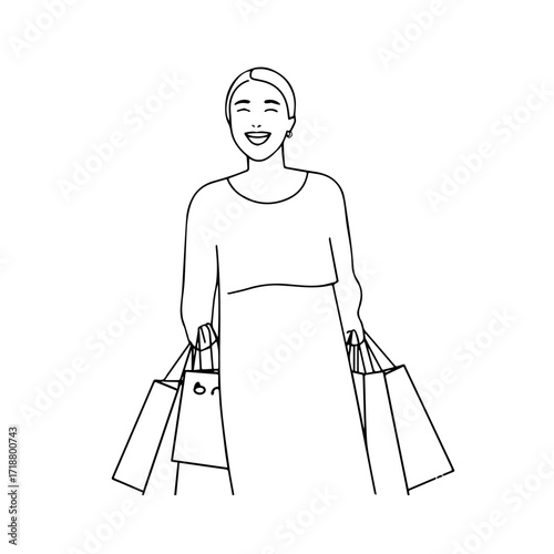 Black and white line art of a beautiful happy woman carrying shopping bags minimalist cheerful illustration
