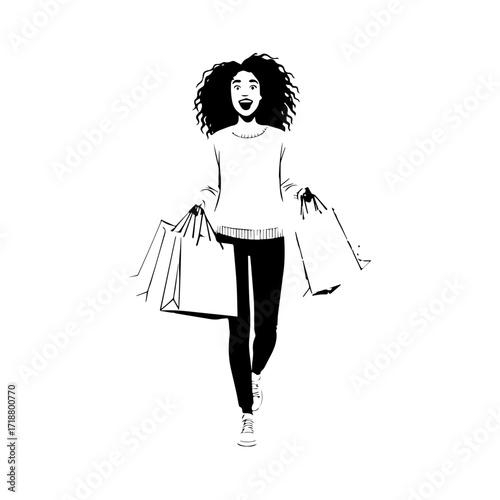 Black and white line art of a beautiful happy woman carrying shopping bags minimalist cheerful illustration