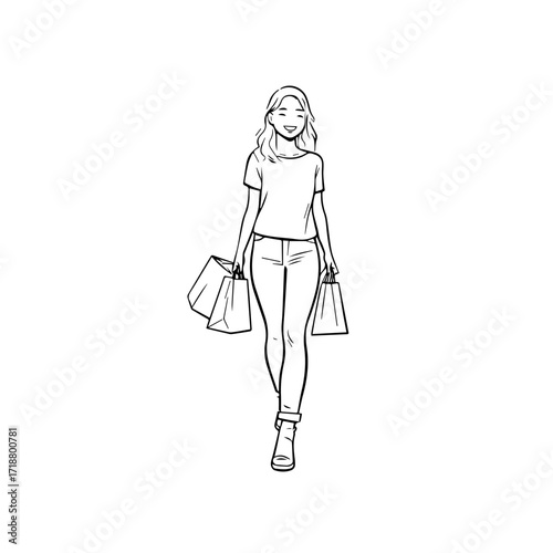 Black and white line art of a beautiful happy woman carrying shopping bags minimalist cheerful illustration