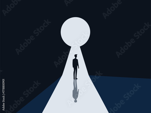 Career Development Tips, Businessman Standing at Keyhole Door

