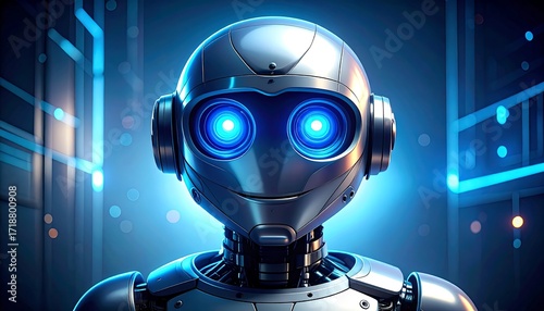 A detailed, close-up image of a futuristic, chrome robot head with glowing blue eyes, against a blurred, tech-inspired background