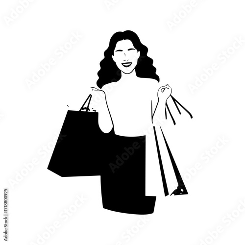 Black and white line art of a beautiful happy woman carrying shopping bags minimalist cheerful illustration