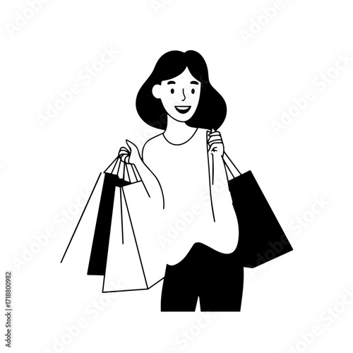 Black and white line art of a beautiful happy woman carrying shopping bags minimalist cheerful illustration