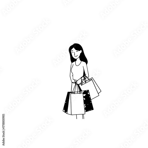 Black and white line art of a beautiful happy woman carrying shopping bags minimalist cheerful illustration
